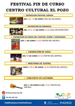 JMDpvallecas's tweet photo. 📢Festival de #findecurso en el #CCElPozo: exposiciones, trabajos, teatro, deportes, exhibiciones...
Hasta el 27 de junio en diferentes sesiones y enclaves.
➡https://t.co/n2j3XirDcr https://t.co/lpfjCZO3vA