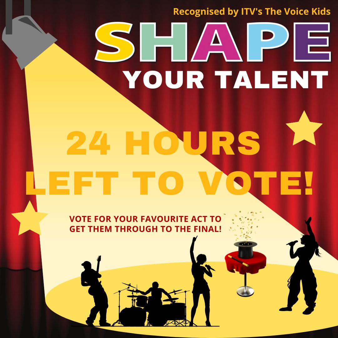 📣There is now only 24 hours left to vote for your favourite SHAPE Your Talent acts! 

📱Visit: justyouth.org.uk/syt22-voting/ to vote for your favourite acts today, to make sure you see them in the final!