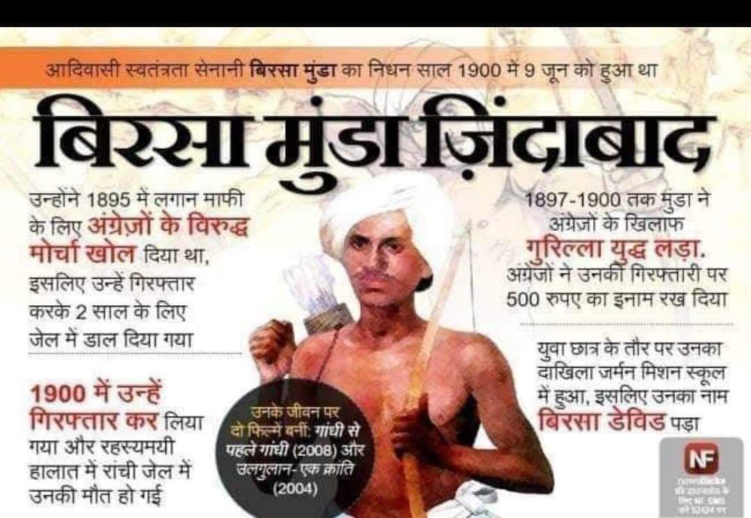 #जय_बिरसा
#उलगुलान के नायक को #धरती_आबा भी कहा जाता है जबकि महज महज 25 साल की उम्र में बिरसा मुंडा की मौत हुई थी.देश के दूसरे राज्यों में भी आदिवासियों के बीच बिरसा मुंडा क्रांतिवीर के तौर पर पूजे जाते हैं.
9 जून को भगवान बिरसा मुंडा की पुण्यतिथि है।