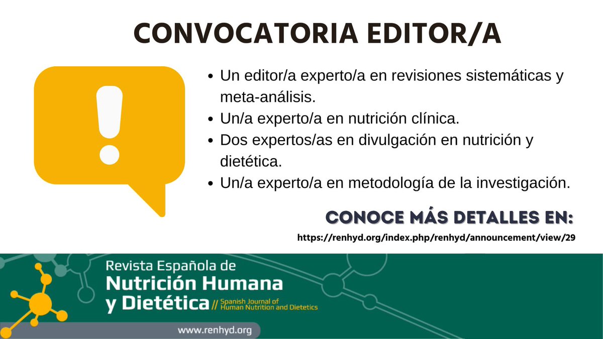 renhyd_org's tweet photo. RENHyD, https://t.co/mv6MKHBcW1 dependiente de la Academia Española de Nutrición y Dietética @aedninforma, convoca a un proceso público de selección para cubrir cinco puestos de editor/a asociado/a.  
Conoce más detalles en 👉🏻 https://t.co/B57CTyMai6 https://t.co/55w75i6fnF