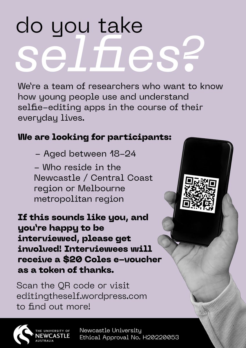 Looking to hear from young people aged 18-24, living in Newy / Central Coast or Melbourne, who are happy to talk about selfie-editing! Sign up and more info here👉editingtheself.wordpress.com | @juliacoffey_ @AmyDobsonCU @GenderMediaLab