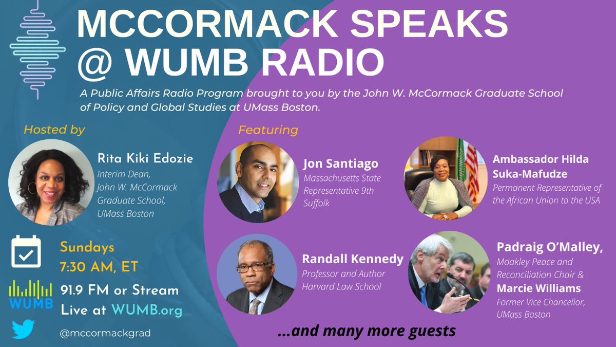 UMB's McCormack School and WUMB Radio announce a new public affairs radio program called McCormack Speaks@WUMB Radio. Tune in this Sunday (with Representative Jon Santiago) at 7:30 AM on WUMB Radio 91.9 FM or stream live from WUMB.org(https://t.co/y9CLX8YhBY).