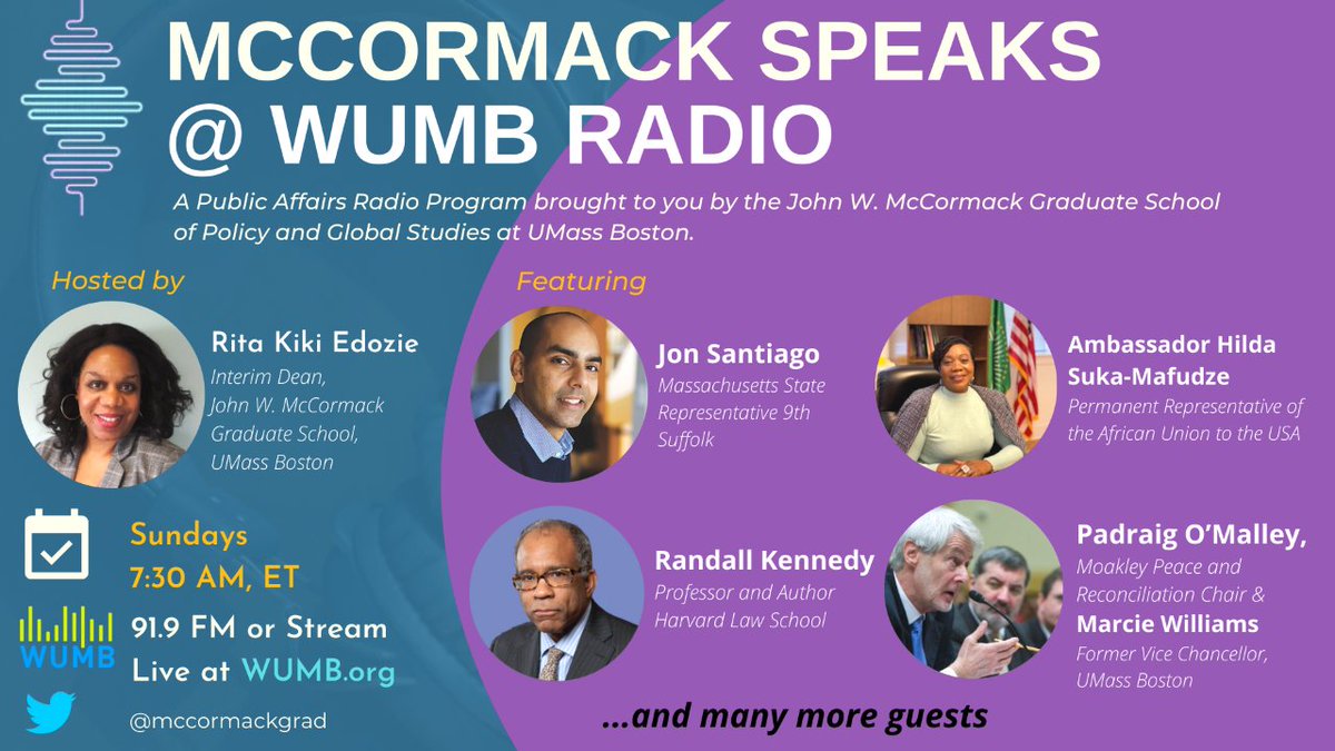 UMB's McCormack School and WUMB Radio announce a new public affairs radio program called McCormack Speaks@WUMB Radio. Tune in this Sunday (with Representative Jon Santiago)  at 7:30 AM on WUMB Radio 91.9 FM or stream live from WUMB.org(https://t.co/y9CLX8YhBY).