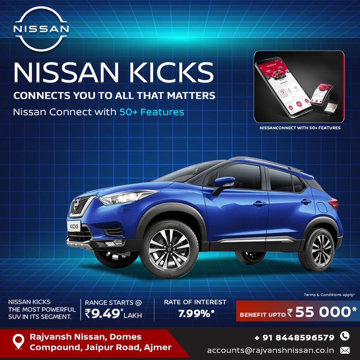 RajNissanAjmer's tweet image. #NissanKicks is a 5 seater most powerful SUV in its segment. 
#NissanConnect with 50+ features...
Driven by innovation, it helps you stay connected to us, your car &amp;amp; your loved ones.
#BestInTechnology 
.
👉Visit us at #RajvanshNissanAjmer -
For enquiries / Bookings, 📞08448596579