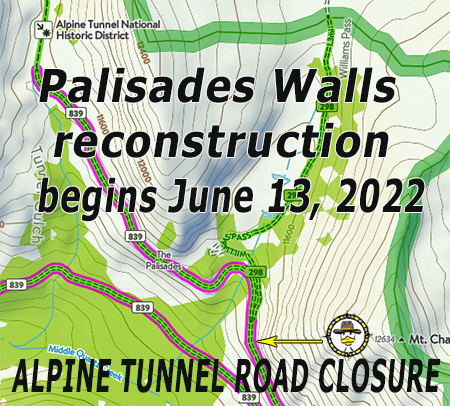 Bushducks's tweet image. Alpine Tunnel Road FSR839 CLOSED June 13 - 29, 2022. Rock scaling for the reconstruction of Palisades Walls. Full trail update @ bushducks.com/tripreps/passo…