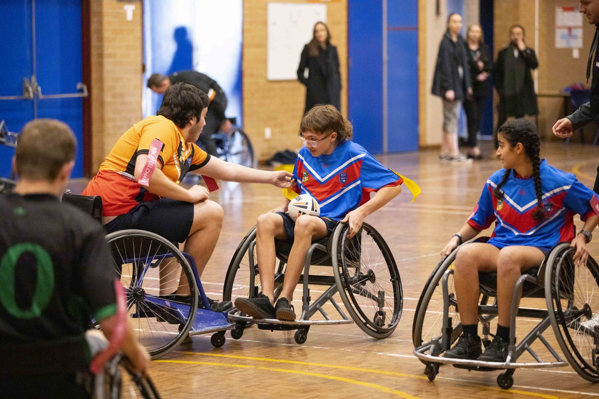 WestsTigers's tweet photo. Trying out Wheelchair Rugby League this morning with the students at Elizabeth Macarthur High School! 👩‍🦽🏉👨‍🦽 @nrlwheelchair @WSTFoundation https://t.co/JM4QCXj7Hq