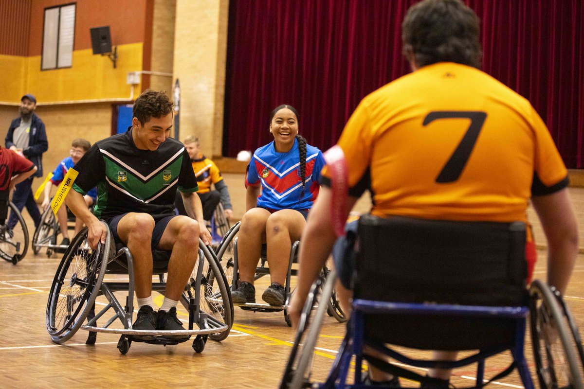 WestsTigers's tweet photo. Trying out Wheelchair Rugby League this morning with the students at Elizabeth Macarthur High School! 👩‍🦽🏉👨‍🦽 @nrlwheelchair @WSTFoundation https://t.co/JM4QCXj7Hq