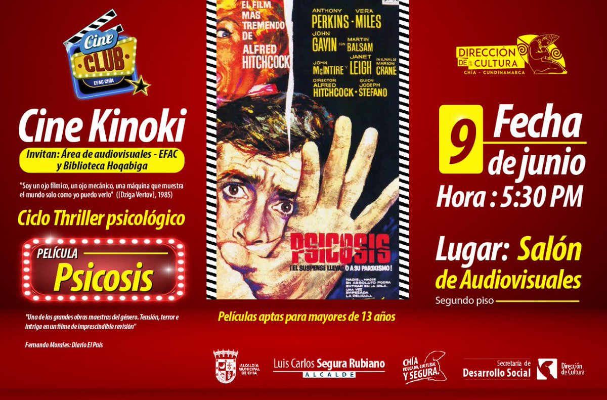 chiacultura's tweet photo. #CineClub #kinoki acompáñanos 5:30 pm salón de audiovisuales de la Casa de la Cultura, veremos uno de los clásicos del género thriller psicológico “Psicosis”, ven disfrutemos y conversemos sobre esta gran película. Te esperamos, comparte esta publicación o etiqueta a un amigo. https://t.co/HZ0NJiyE47
