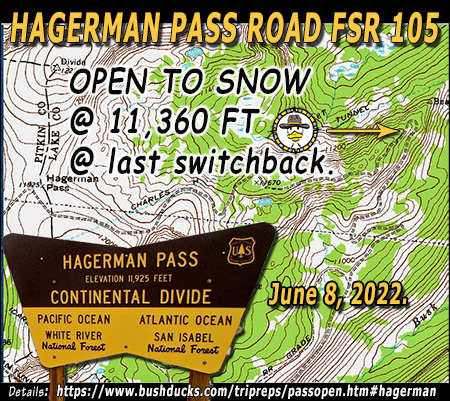 Bushducks's tweet image. CO PASS Page Update June 8, 2022: Hagerman Pass Road FSR 105 OPEN to 0.5mile before Skinner Hut😃 Details @ bushducks.com/tripreps/passo…