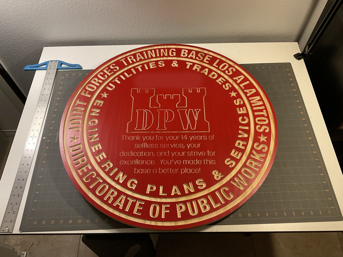 Farewell gift finally done for well deserving soldier who is moving on to a new adventure. #woodworking #sign #dpw #jftb #Utilities #trades #Engineering #plans #services #army #dpw #cnc #xcarve