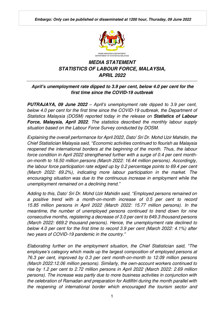 DOSM_MBLS's tweet photo. DOSM MEDIA STATEMENT:
STATISTICS OF LABOUR FORCE, MALAYSIA, APRIL 2022
#MBLS #DOSM #LabourStatistics #LabourForceStatistics #LMIAP #MyLMID https://t.co/ynE6TVHsji