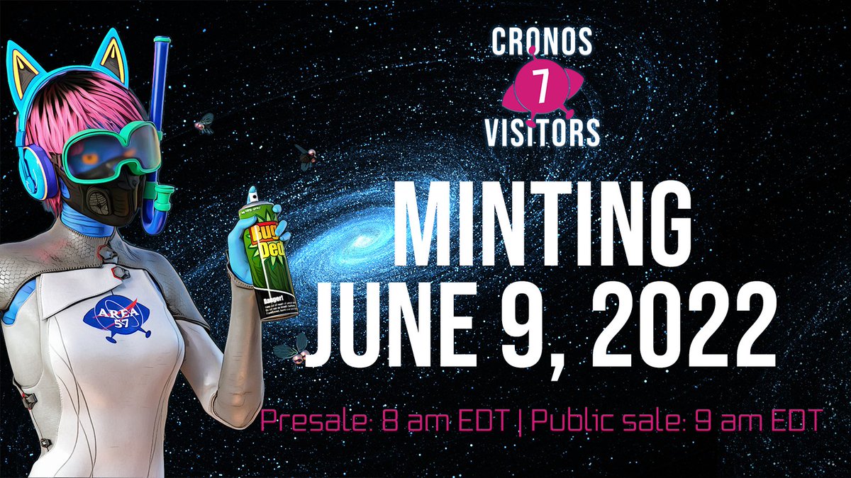 Cronos7Visitors's tweet image. 🛸Mint Day Giveaway!🛸

Public Mint starts at 9 am EDT June 9th!  To celebrate mint day we are giving away a 7 Visitors NFT! 

To win:

✨Follow @Cronos7Visitors
✨Retweet &amp;amp; Like
✨Tag 3 humans 

⏰24 hrs