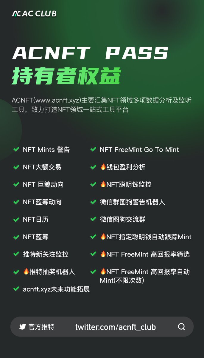 🎁抽1*AcNFT Pass卡白名单

😍涵盖图狗Freemint自动mint、自定义策略跟随指定钱包mint、链上mint热度监控、钱包NFT收益分析及监控，推特自动抽奖机器人、蓝筹指数分析及警告等数十项功能！

📢要求：
1.关注<a href="/acnft_club/">AcNFT</a> + <a href="/0x14os/">' c4</a> + <a href="/Element_Chinese/">Element NFT Marketplace中文社区</a> 
2.进入ACNFT的Discord：discord.gg/6w7najRprV