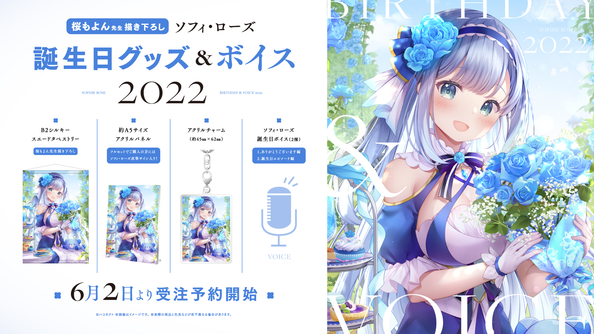 Vtuber事務所ハコネクト 10 21 金 大阪にてコラボカフェアンコール開催決定 ソフィ ローズ Sophie Haco 誕生日を記念して 新規グッズ Amp ボイスを好評受注販売中 各グッズには 桜もよん 先生描き下ろしイラストを使用 受注期間 22