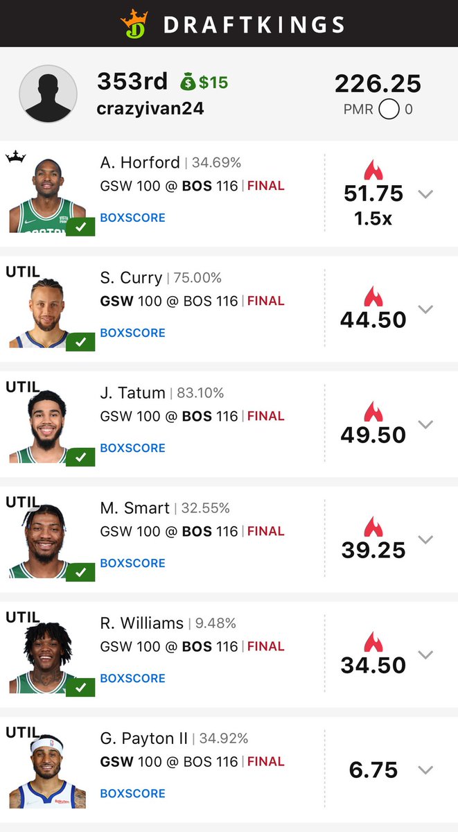 FBasketball101's tweet photo. NBA Finals G3 #DFS results

#draftkings ✅ all contests
#fanduel  ✅ only cash games, missed GPPs 

➡️Visit https://t.co/YIdX10VzCb for 🏀and ⚾️ lineups this summer 🔥🔥🔥 https://t.co/lm9iQPCpwS