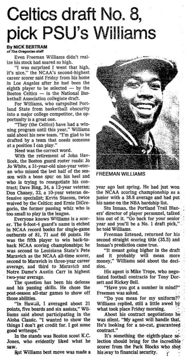 77Blazers's tweet photo. June 9 1978 - The @trailblazers did not select local @psuviksMBB legend #FreemanWilliams w/No. 7 pick, who was selected by @celtics w/# 8 pick. Williams was surprised he was selected so high in draft. "It's nice." said the 2nd highest scorer in @NCAABasketballl history. https://t.co/vuHGFOg6OX