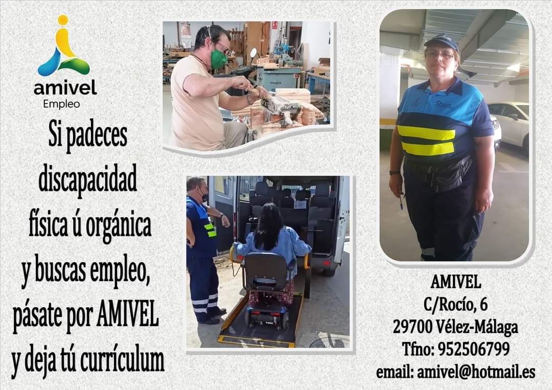 Tienes discapacidad reconocida por la Junta de Andalucía y te encuentras en el paro, pásate por AMIVEL y presenta tú currículum!!!