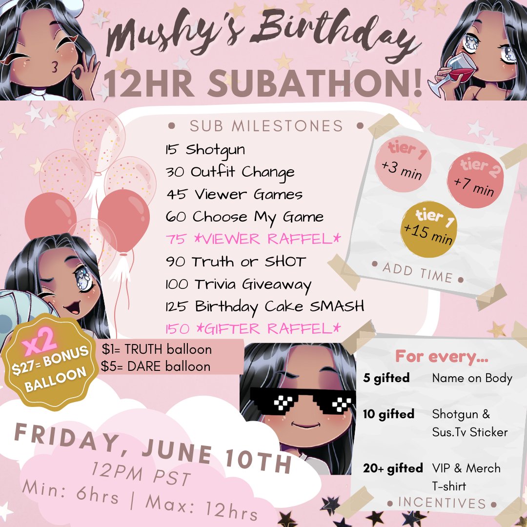 12 HOUR BIRTHDAY SUBATHON
🎉FRIDAY JUNE 10th 12pm PST🎉
Join me on <a href="/Twitch/">Twitch</a> for
🎁GIVEAWAYS
🍾DRINKING
🎈TRUTH OR DARE
🎟RAFFELS
🐷MERCH
🎂BIRTHDAY CAKE SMASH

Bits, donations, and subs all add more time to the stream! Help me reach a full 12HR stream 🥰