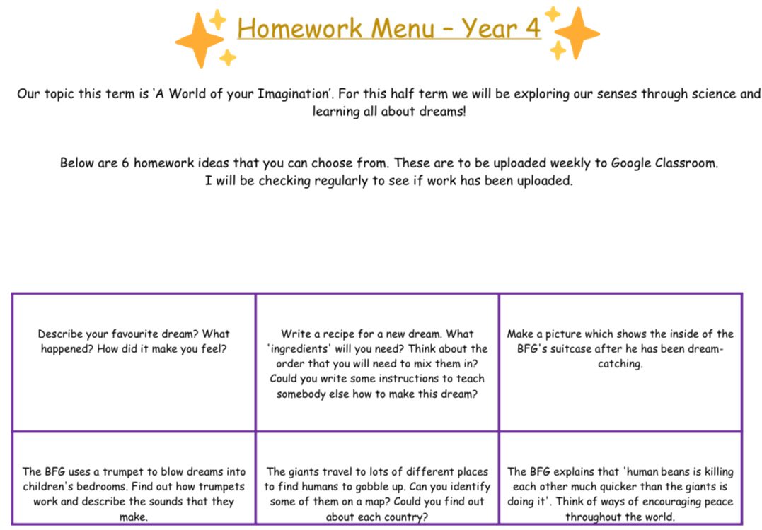 Here is this terms BFG themed homework menu! 💭🛌✨🫙👂🏽 
<a href="/OgmoreP/">Ogmore Vale Primary</a> #TheOVWay #UNCRC #Article28