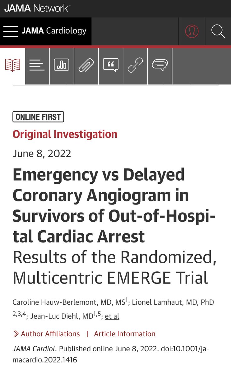 EMERGE trial just published ⁦⁦<a href="/JAMACardiology/">JAMA Cardiology</a>⁩ ⁦<a href="/AnneFreund3/">Anne Freund</a>⁩ 
The next trial after #Tomahawk #Coact not showing any benefit for immediate invasive strategy after #OHCA