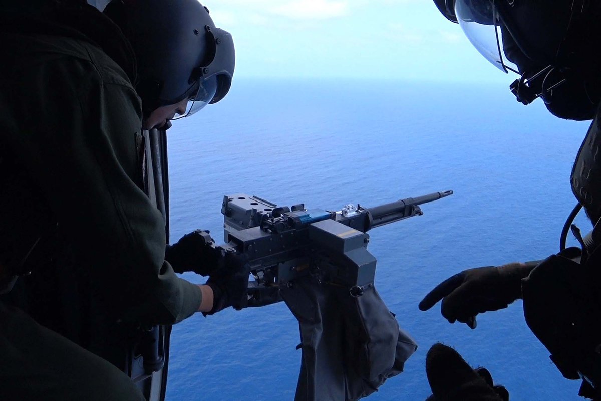 jmsdf_pao_eng's tweet photo. The Gun Exercise conducted on the SH-60K of JS SAMIDARE. (Deployment Surface for Counter Piracy Enforcement)
Crews strive to improve their skills even in the distant #MiddleEast.
#helicopter
#Somalia #Aden
#CounterPiracy
#DSPE https://t.co/X9BIffNlIi