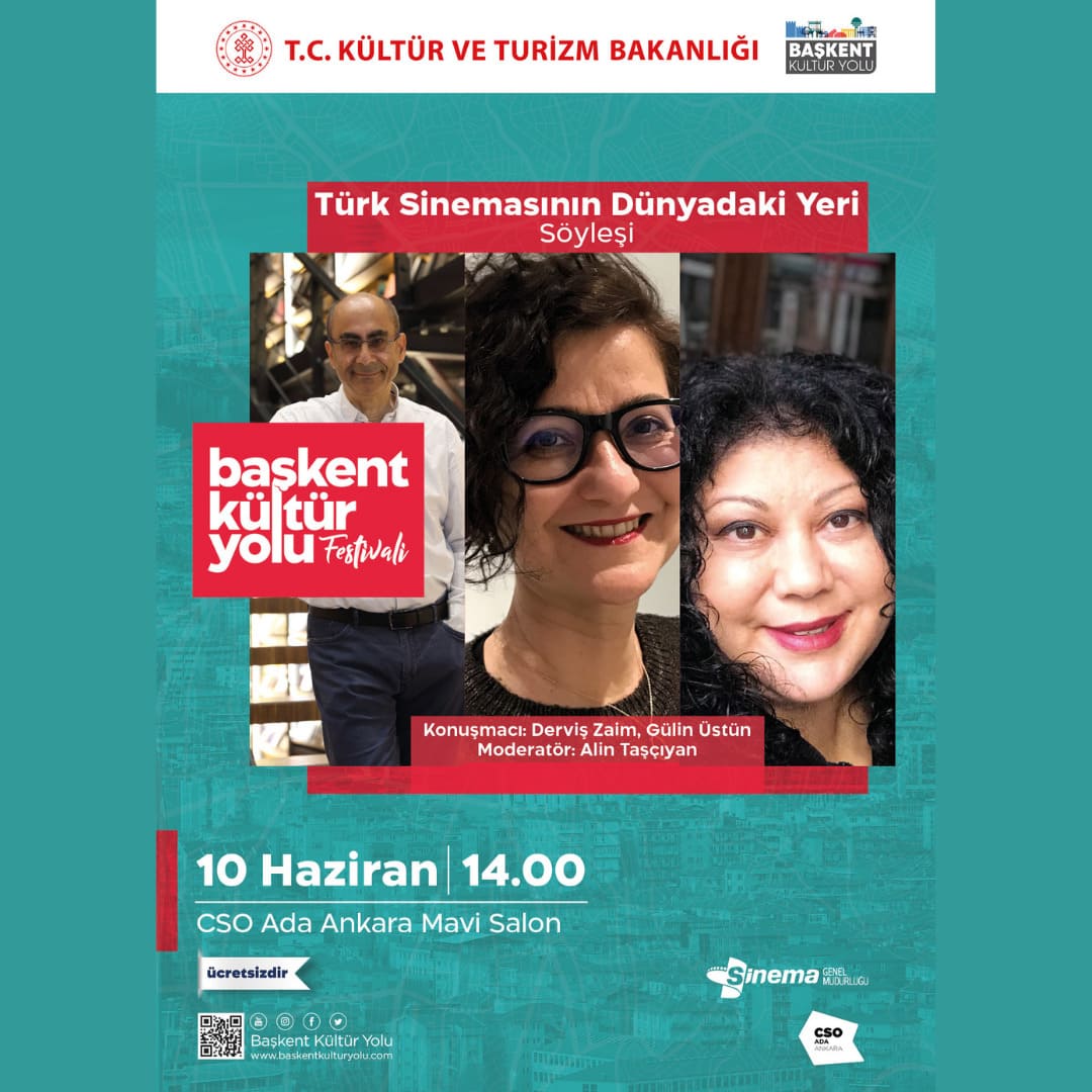 PGM_PR's tweet photo. Sinemaya dair gençlere ilham veren söyleşiler Başkent Kültür Yolu Festivali’nde devam ediyor!

”Türk Sinemasının Dünyadaki Yeri” 🎬
Alin Taşçıyan moderatörlüğünde; 
Konuşmacılar: Derviş Zaim, Gülin Üstün

🗓 10 Haziran 
⏰14:00
📍 CSO Ada Ankara Mavi Salon https://t.co/67vuu373cQ