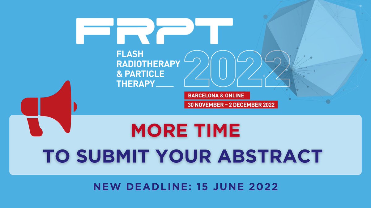 FlashRPT's tweet image. The deadline has been extended to submit your abstract for #FRPT2022! 
📅 Abstract submission deadline is now Wednesday, 15 June 2022. 
🙌 Seize this opportunity and join the #FLASHRadiotherapy community in #Barcelona this October!
Link to submit ▶ bit.ly/3tEOoWt