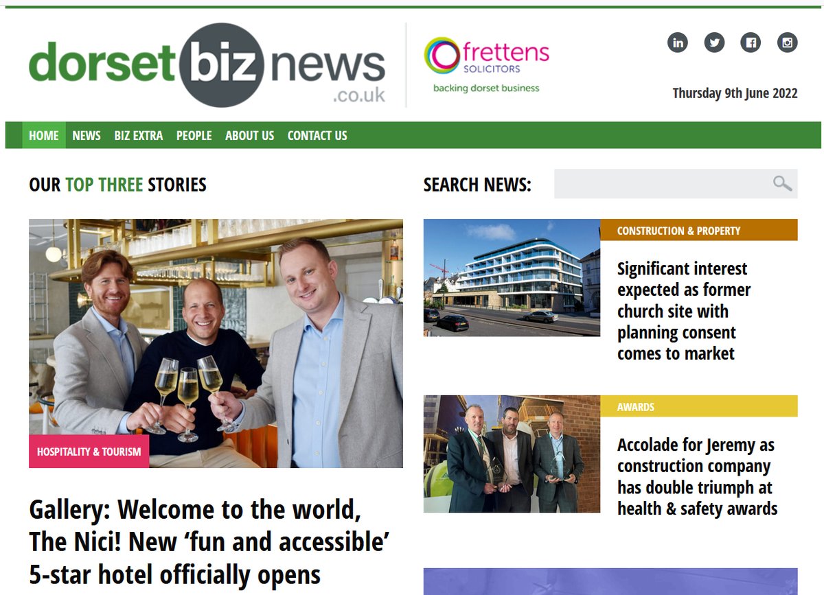 Today’s the day as Bournemouth’s new 5-star hotel The Nici is launched - we have 21 pictures; Significant interest expected as prominent site comes to market through <a href="/Savills/">Savills</a>; Double triumph for <a href="/SpetisburyCon/">Spetisbury Construct</a> at yesterday's <a href="/bsgltd/">The Building Safety Group</a> Health &amp; Safety Awards. dorsetbiznews.co.uk