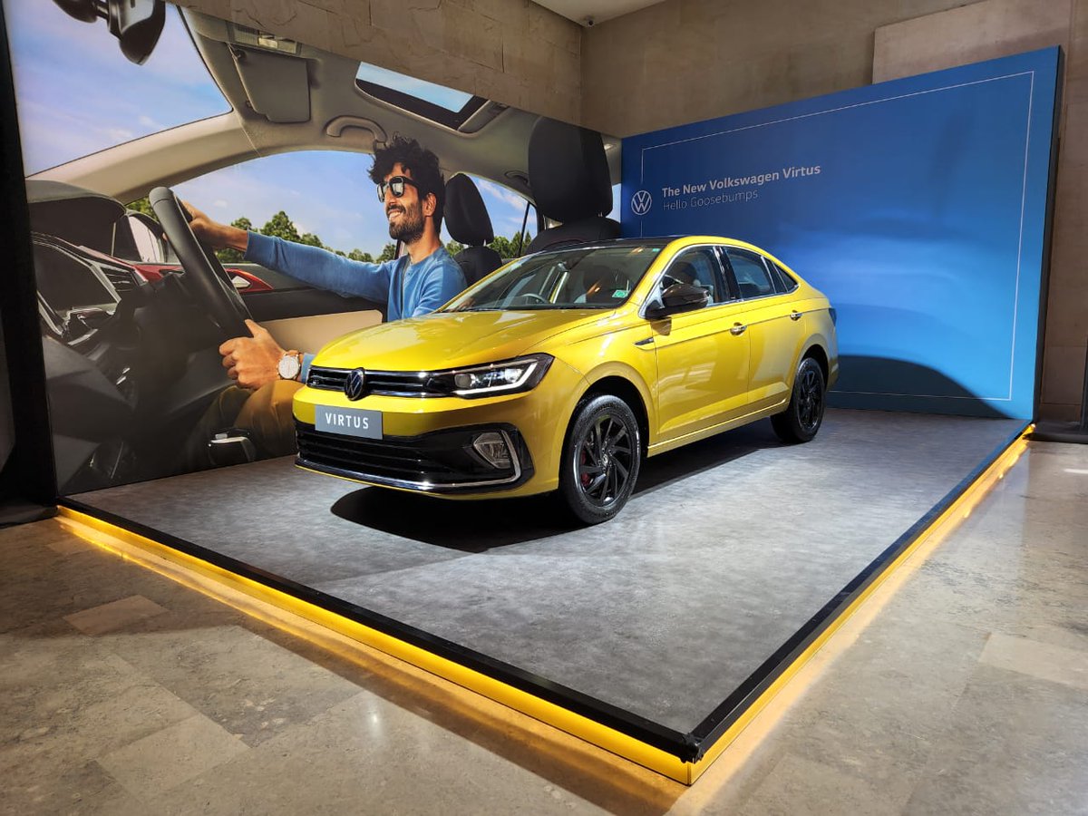 carandbike's tweet photo. .
@volkswagenindia has both variants #Virtus on display at the event. The first is this GT-badged #PerformanceLine model in Curcuma Yellow. The colour was first seen on the #TRoc and #Taigun in India and will also be available on #VW's sedan. https://t.co/8Y75o5aYtc