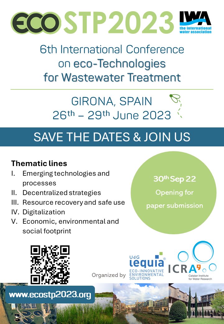 Next ecoSTP 2023 in beatiful Girona, Spain. A great opportunity to analyse challenges and opportunities for wastewater treatment and resource recovery technologies. ecostp2023.org/?s=16