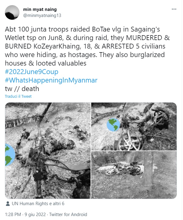 amo77337532's tweet photo. "6月8日 #Sagaing 地方 #Wetlet 市 #BoTae 村を約100人のJunta軍部隊が襲い、襲撃中にKoZeyarKhaing(18歳)を殺害し燃やし、他に隠れていた市民5人を人質として逮捕しました。軍はまた複数の住宅に押し入り価値のある物を略奪しました。"
Birmanie Birmania Burma Myanmar ビルマ @KarimKhanQC @UNOCHA https://t.co/4TzDyKi0rB