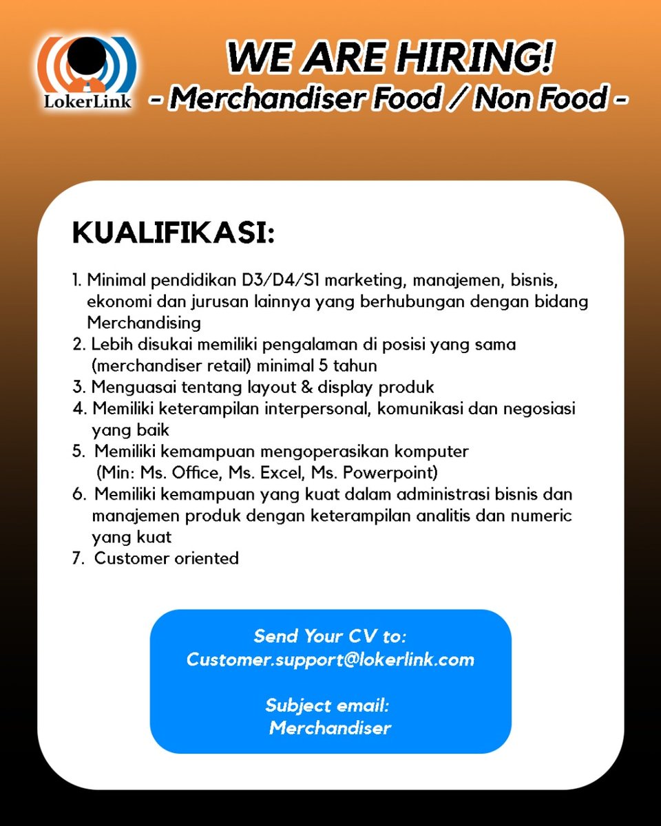L (@lokerlink) on Twitter photo WE ARE HIRING!
MERCHANDISER
If you are interested, please send your CV to customer.support@lokerlink.com (Subject : Merchandiser)
#lokertangerangselatan #lokertangsel #lowongankerja #infoloker #lokerindonesia #merchandiser #merchandising WE ARE HIRING!
MERCHANDISER
If you are interested, please send your CV to customer.support@lokerlink.com (Subject : Merchandiser)
#lokertangerangselatan #lokertangsel #lowongankerja #infoloker #lokerindonesia #merchandiser #merchandising
