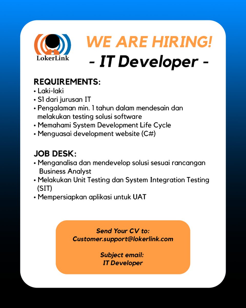 L (@lokerlink) on Twitter photo WE ARE HIRING!
IT DEVELOPER
If you are interested, please send your CV to customer.support@lokerlink.com (Subject : IT Developer)
#lokerjakarta #lokerit #lowongankerja #infoloker #lowonganpekerjaan #lokerindonesia #itdeveloper WE ARE HIRING!
IT DEVELOPER
If you are interested, please send your CV to customer.support@lokerlink.com (Subject : IT Developer)
#lokerjakarta #lokerit #lowongankerja #infoloker #lowonganpekerjaan #lokerindonesia #itdeveloper