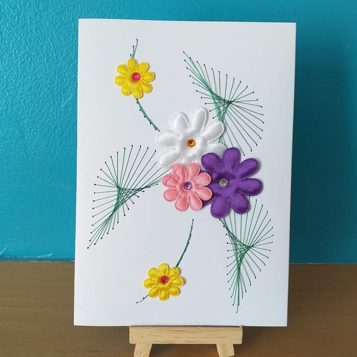 dawnydt's tweet photo. This is a new version of one of my older cards. I have to change some of my cards occasionally depending on the embellishments I can get. Aren't these fabric flowers lovely? https://t.co/X669FCx7i5 #MHHSBD #EarlyBiz https://t.co/fAUCQHKeHy
