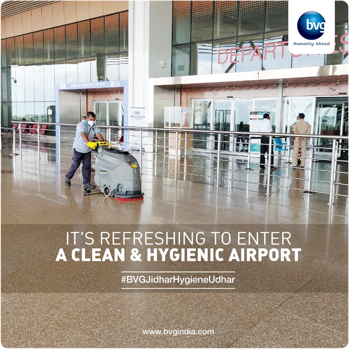 BVG_India's tweet photo. At all times, BVG India ensures that airport facilities meet appropriate hygiene, quality standards and consistent cleanup. 

Learn more about our airport cleaning services at https://t.co/WxGUr8gMYD

#AirportMaintenance #FacilityManagement #BVGJidharHygieneUdhar https://t.co/3Xomam5V8X