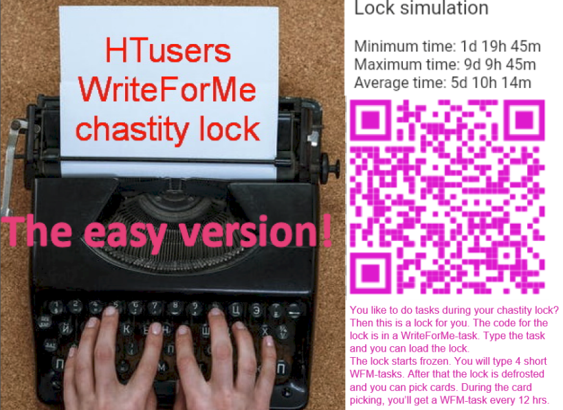 HTUser2's tweet photo. #Chastisafe comes with nice new options. Tasks for instance. You like them? Try my new WriteForMe-lock. It starts with a task. When you finished that, you'll find the code for the lock. More info in the image. Only real locking, no testing! @ChastiSafe @ChastiKeyApp https://t.co/JMptEFeFBg