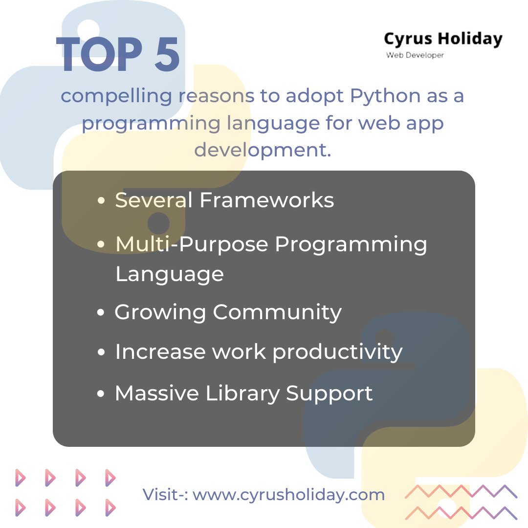 holiday_cyrus's tweet image. Top 5  compelling reasons to adopt Python as a programming language for web app development. 

👉 Whatsapp Me-: wa.me/919818805835
👉 Visit-: cyrusholiday.com

#pythondeveloper #freelancepythondeveloper #bestpythondeveloper #appdevelopment
