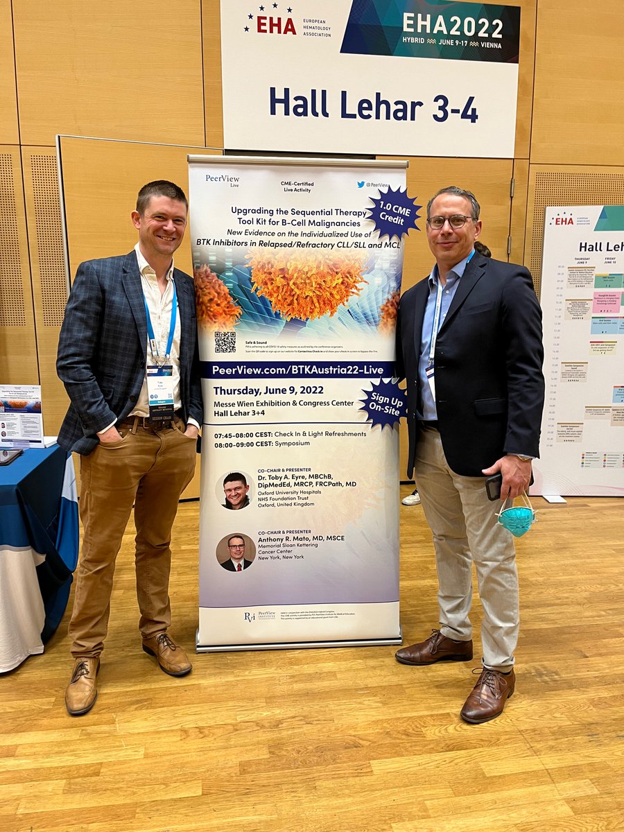 At #EHA22? Join expert Drs. Toby A. Eyre and Anthony R. Mato now in room Lehar 3-4 for a discussion on how data has improved the use of BTK inhibitors in B-Cell cancers!  bit.ly/BTKAustria22 #Lymphoma #lymsm #MedTwitter