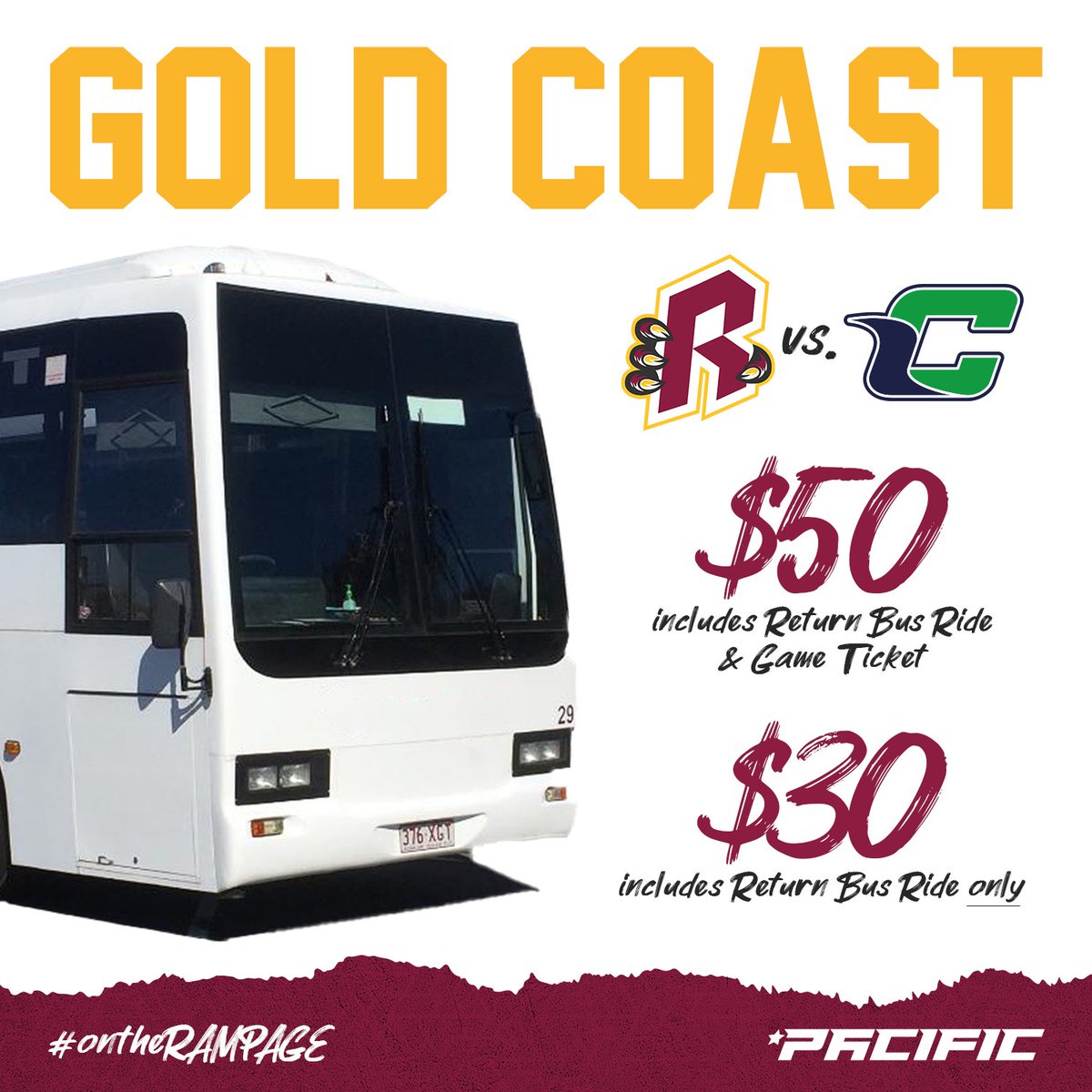 BrisbaneRampage's tweet photo. We've booked a charter bus for our upcoming game against The Coast at Acacia Ridge on Saturday 25 June! 🚌

Pickup times are:
📍Pickup: Star Casino
📍Pickup: Helensvale Train Station
📍Arrive: Iceworld Acacia Ridge

Get your tickets now: https://t.co/iwdsoBfMmM 🎟

#ontheRAMPAGE https://t.co/Vvkatfe9lV