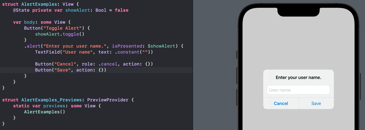 FloWritesCode's tweet image. You can now add TextFields inside a SwiftUI Alert!

Hint: No, the Alert does not support arbitrary Views, this is a new exception :)