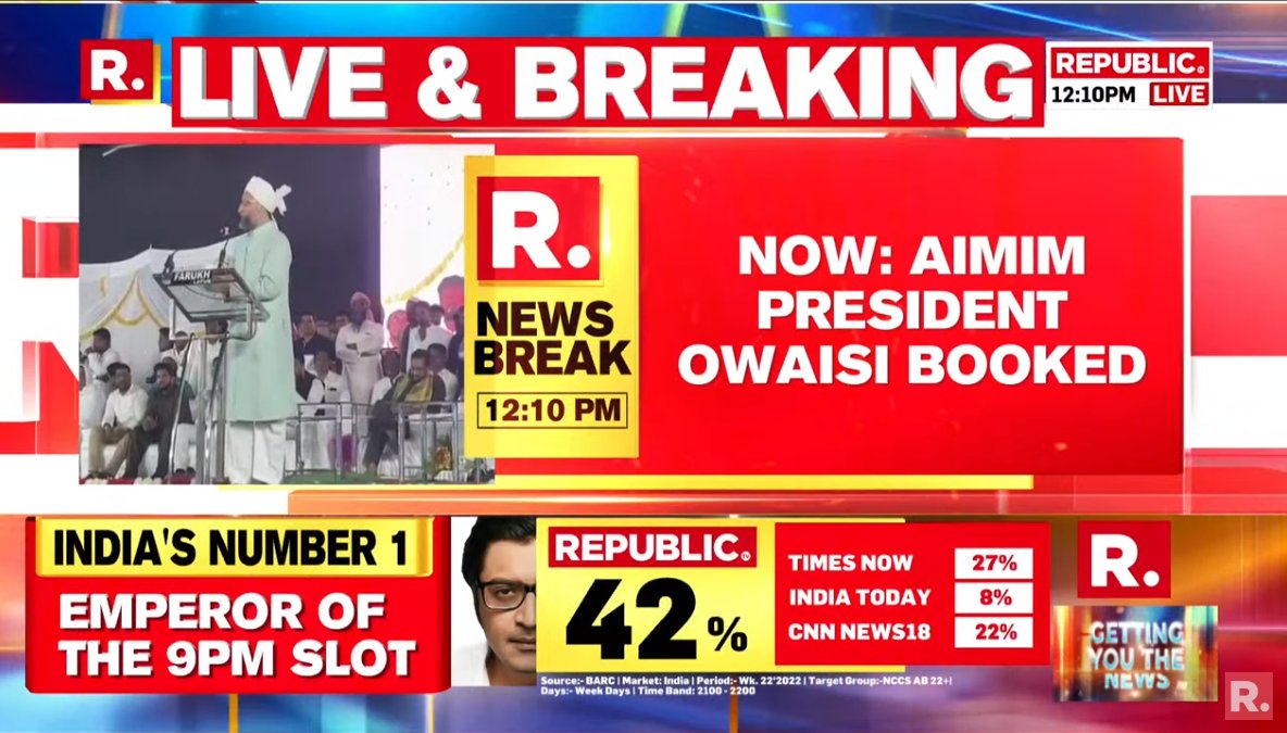 republic's tweet photo. #BREAKING | AIMIM Chief Asaduddin Owaisi booked for alleged inflammatory speech, named in Delhi police FIR

Tune in - https://t.co/k00lO446Jh https://t.co/hvBcCXAbqi