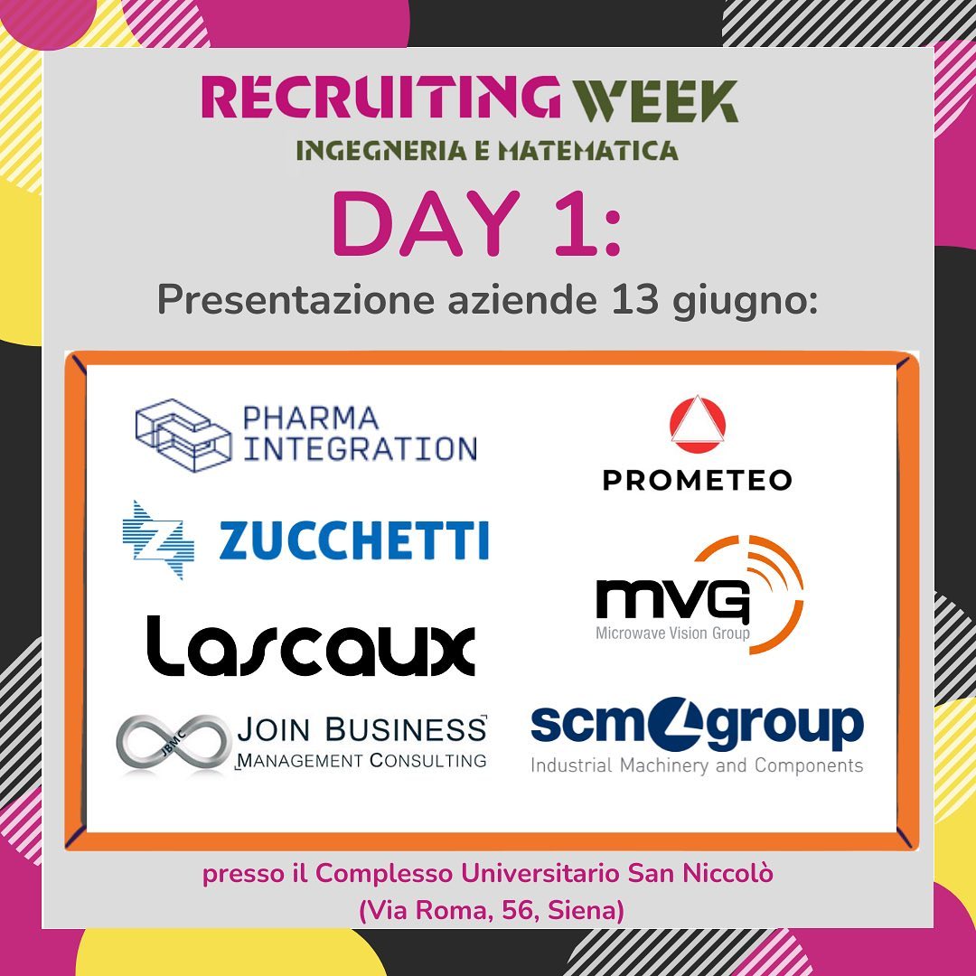 unisiena's tweet photo. ‼️#RecruitingWeek di #Ingegneria e #Matematica: scopri il programma delle presentazioni aziendali del 13/6.
Per seguire le presentazioni e candidarsi ai colloqui di selezione occorre l’iscrizione online entro il 10/6.
👉https://t.co/naDEuvIxbp
#Università #Siena #placement https://t.co/qvTXTtHkrM
