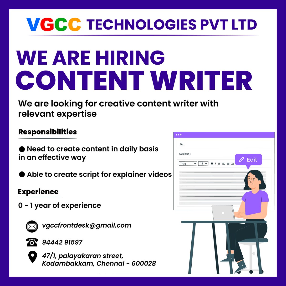 We are recruiting a Content Writer, must have strong verbal communication skills. Excellent wring and editing skills in English.

#venusglobalchain #vgcc #vgcn #vgcp #vpay #vbot #vgcx #hiring #hiringnow #hiringimmediately #recruiting #recruitingnow