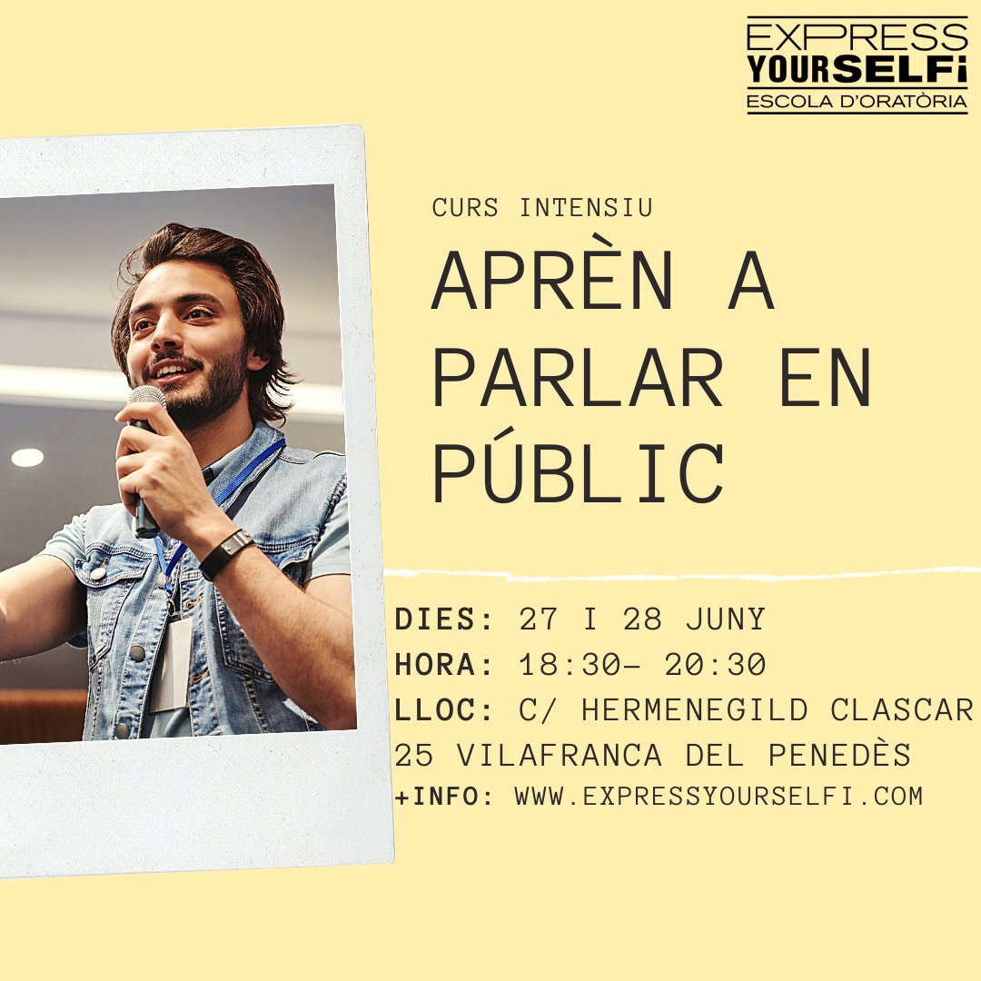 📢Intensiu del mes de juny! 
🎤Aprèn a parlar en públic mostrant seguretat i transmetent una idea clara i concisa que causi un impacte positiu!
📆 27 i 28 juny a l'escola Express Yourselfi 
✏️ Inscripcions: forms.gle/7CqWs7JYAWLTZk…
#comunicació #parlarenpúblic #oratòria