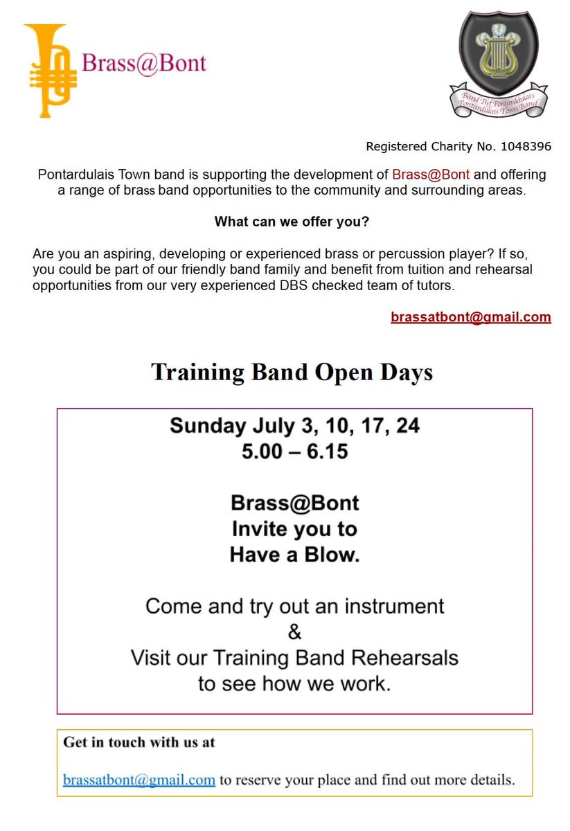 Bont band (@bontband) on Twitter photo 🎶🎺 We’re looking forward to our upcoming Sunday Training Band Open Days at the Bandroom, High St, Pontarddulais throughout July from 5pm. Come and try out an instrument and hear our Training Band in action. For further information please contact brassatbont@gmail.com 🎶🎺 We’re looking forward to our upcoming Sunday Training Band Open Days at the Bandroom, High St, Pontarddulais throughout July from 5pm. Come and try out an instrument and hear our Training Band in action. For further information please contact brassatbont@gmail.com