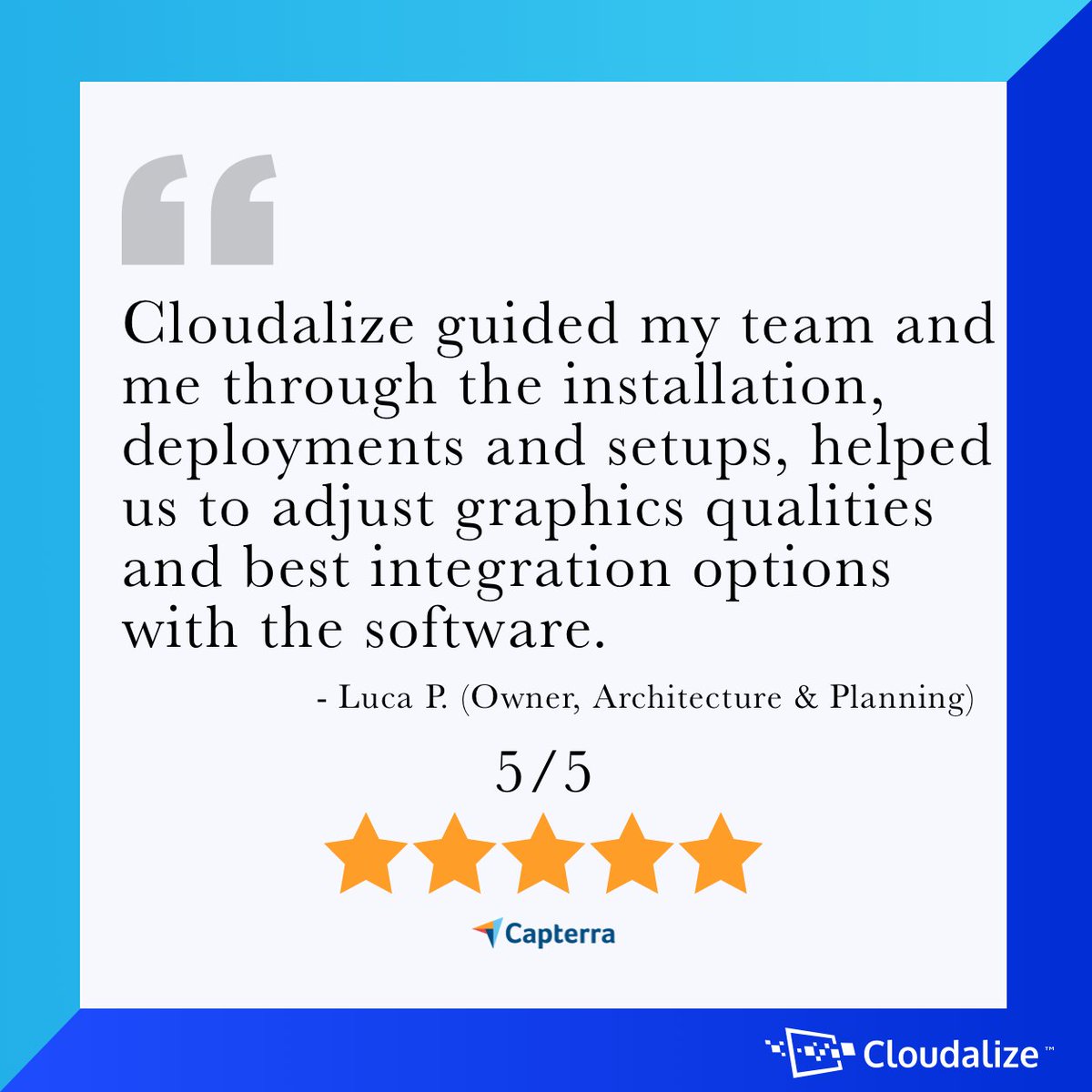 Cloudalize's tweet photo. Thank you Luca for this five-star review and for taking time to share your experience with us.

Read the full testimonial on our Capterra review page 👇 
https://t.co/8T6mp1vkQ1

#testimonial #cloud #gpu https://t.co/gH8ylfMIEd