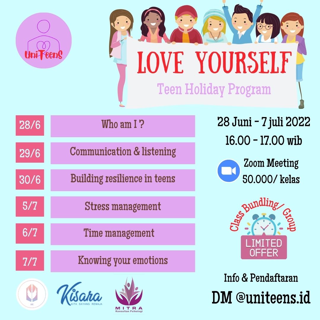 iniaku_risa's tweet photo. Halo Teens &amp; Parenteens 👋
Love Yourself - Teens Holiday Program balik lagi nih untuk yang ke-3 kali nya 😁. 

Kali ini akan diadakan:
🗓 28 Juni - 7 Juli 2022
⏰️ 16.00 - 17.00 wib 
💻 Zoom meeting

info pendaftaran langsung DM instagram @uniteens.id yah. https://t.co/swirnWYphF