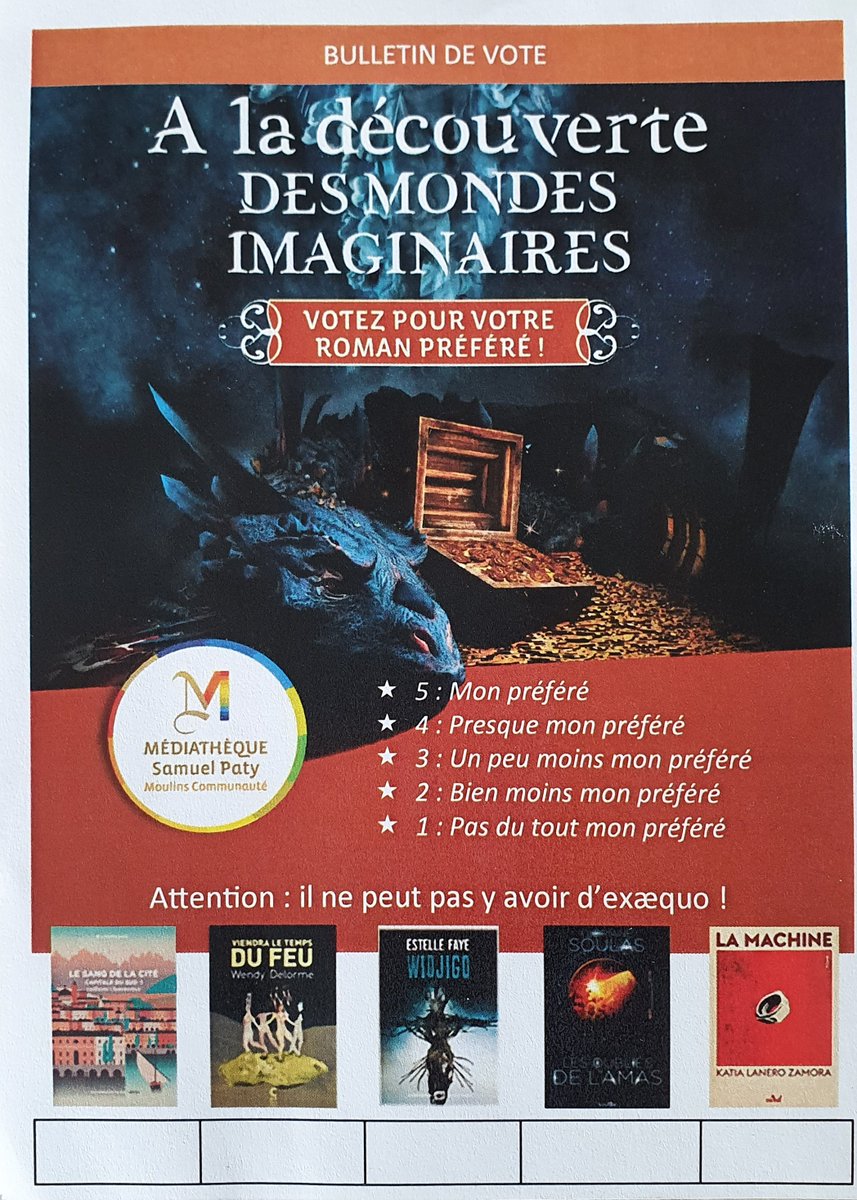 Les votes sont ouverts pour le prix des Imaginaires à la médiathèque Samuel Paty ! 🦄⚔
Vous pouvez venir enregistrer vos choix à l'accueil jusqu'à la soirée de dépouillement du jeudi 23 juin à 18h30.