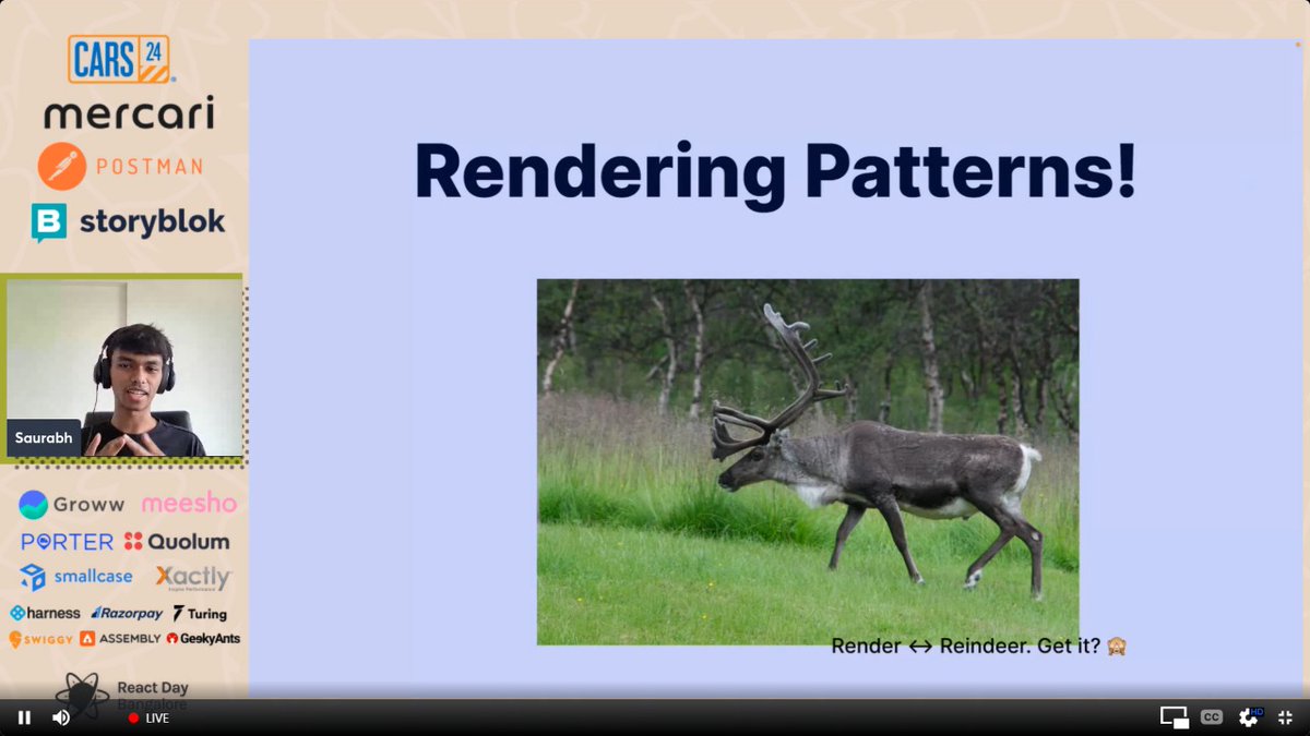 agrit_tiwari's tweet image. The title of talk was " Framework of your dreams". And @saurabhdawaree used it to set the mindset towards learning best approaches in development and building products at @ReactDayIn #ReactDayIn2022
He managed to mix #TIL with #FUN with his reindeer presentation 😅😂✨🌟