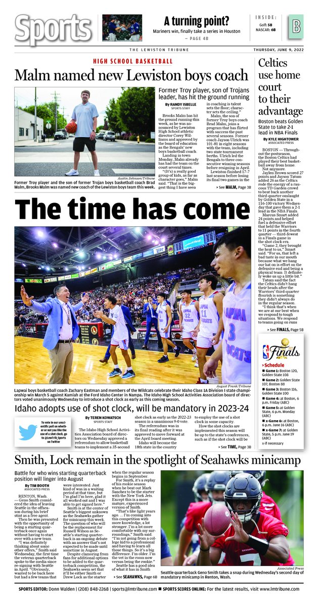 Lewiston Tribune Sports (@lewtrib_sports) on Twitter photo .<a href="/lewistonbengals/">Lewiston High School</a> hire new🏀⛹️♂️ coach, <a href="/IDHSAA/">IDHSAA</a> to institute shot clock soon and <a href="/celtics/">Boston Celtics</a> take 2-1 lead in #NBAFinals against <a href="/warriors/">Golden State Warriors</a>; quarterbacks take center stage at <a href="/Seahawks/">Seattle Seahawks</a> camp 🏈 <a href="/APSE_sportmedia/">APSE</a> <a href="/waldo9939/">Donn Walden</a> .<a href="/lewistonbengals/">Lewiston High School</a> hire new🏀⛹️♂️ coach, <a href="/IDHSAA/">IDHSAA</a> to institute shot clock soon and <a href="/celtics/">Boston Celtics</a> take 2-1 lead in #NBAFinals against <a href="/warriors/">Golden State Warriors</a>; quarterbacks take center stage at <a href="/Seahawks/">Seattle Seahawks</a> camp 🏈 <a href="/APSE_sportmedia/">APSE</a> <a href="/waldo9939/">Donn Walden</a>